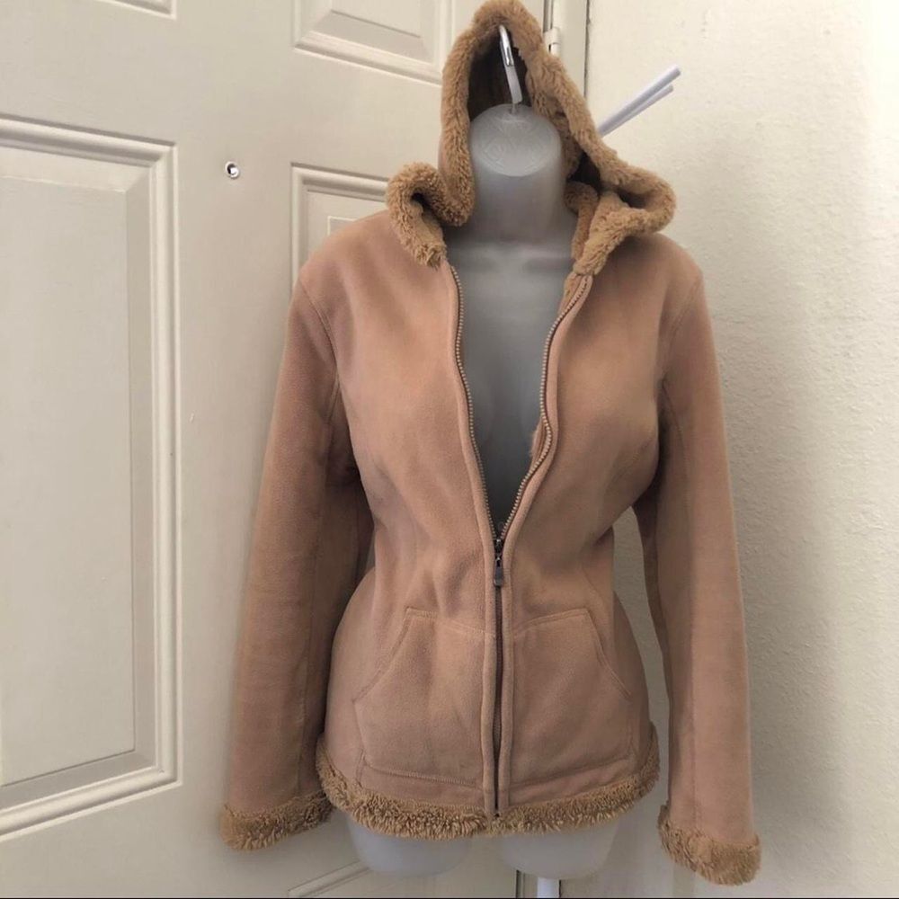 2000s Y2k Grunge Mcbling Beige apricot brown faux fur zip up hoodie jacket coat